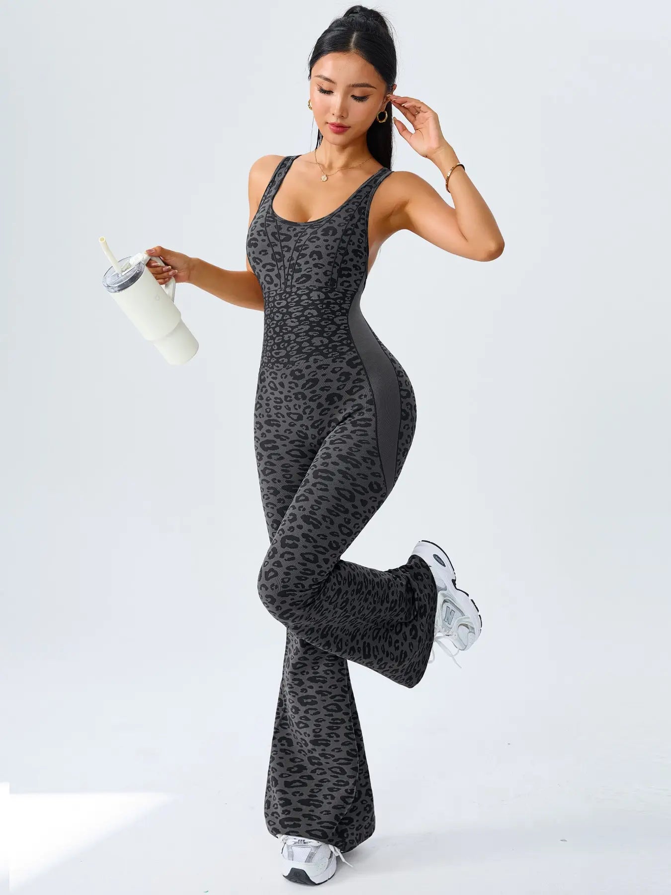 Women's Leopard Print Yoga Jumpsuit - Cross Strap, Slim Fit