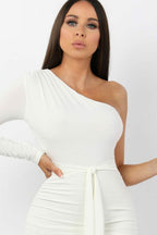 One Shoulder Ruched Slinky Midi Dress