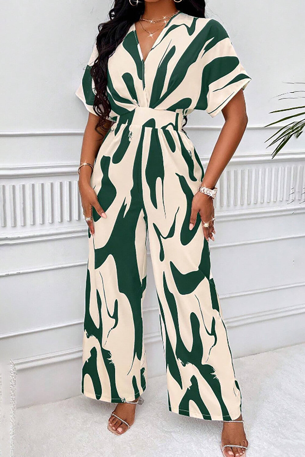 Abstract Print V Neck Short Sleeve High Waist Wide Leg Jumpsuit-Black