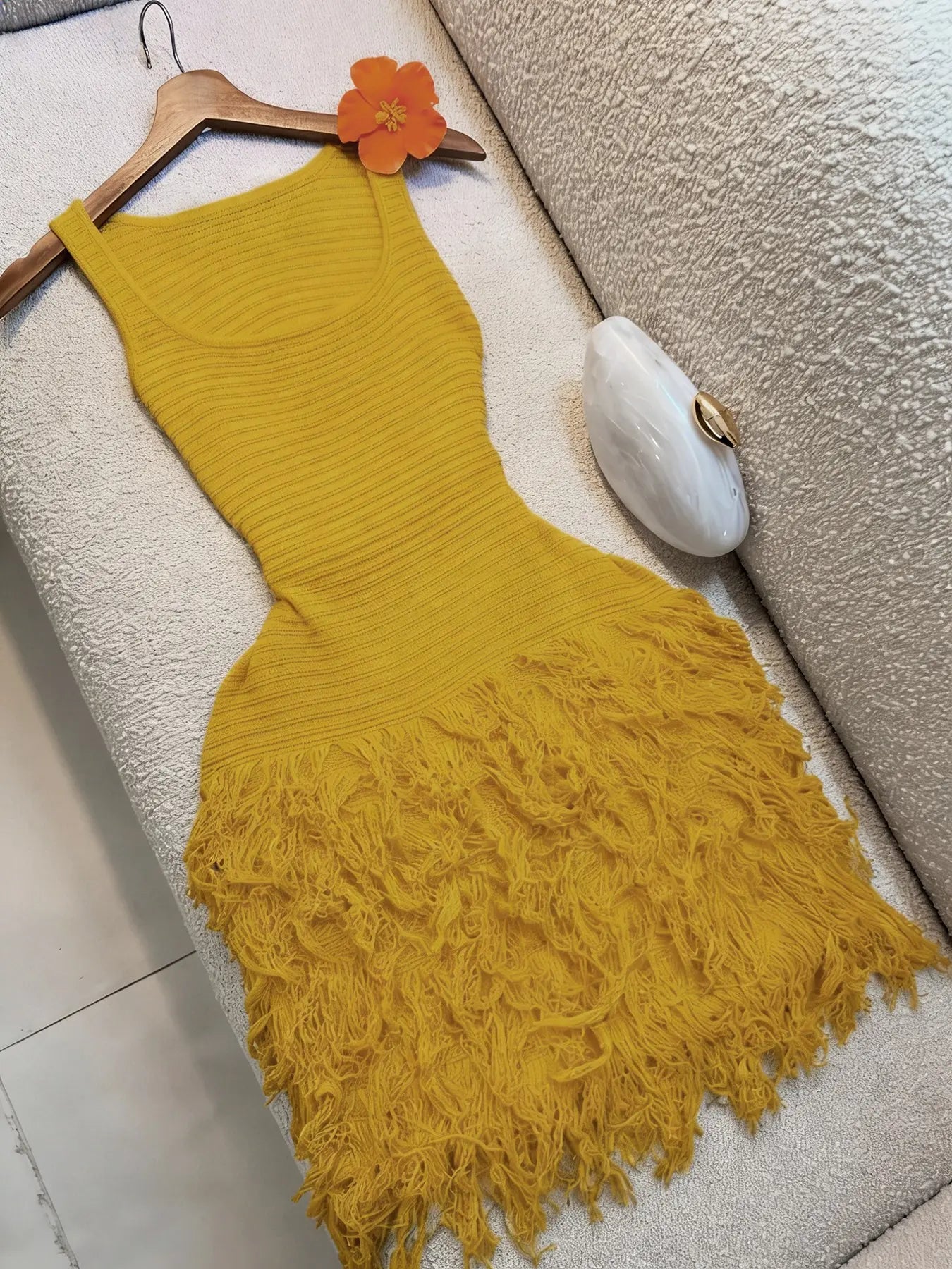 Elegant Knitted Bodycon Dress, Summer Vacation Fringe Skirt