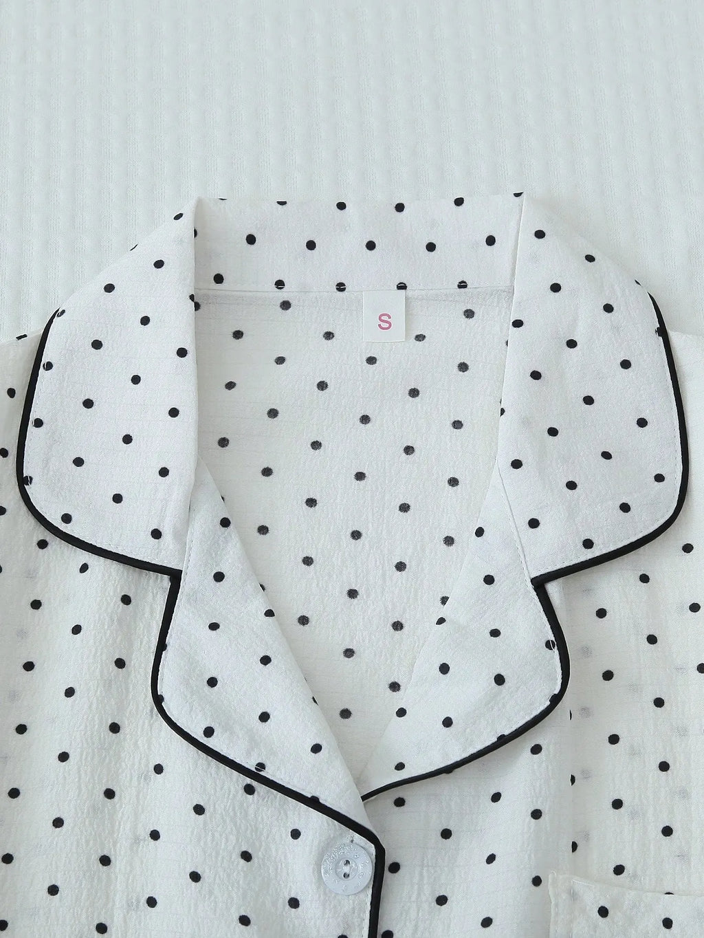 2pcs/Set Women's Mini Polka Dot Printed Pajama Set With Contrast Trim Button-Down Shirt And Bowknot Shorts, Perfect For Home Wear In Summer White Set,Two Pieces Set