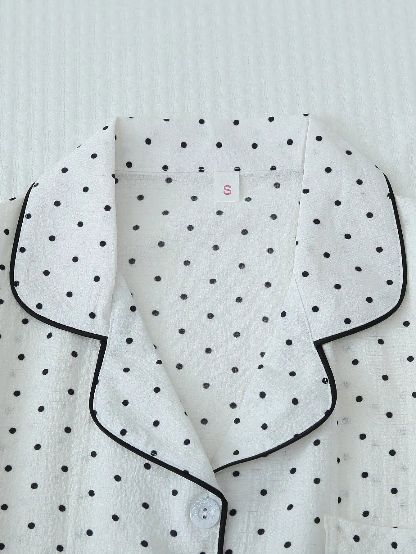 2pcs/Set Women's Mini Polka Dot Printed Pajama Set With Contrast Trim Button-Down Shirt And Bowknot Shorts, Perfect For Home Wear In Summer White Set,Two Pieces Set