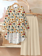 2pcs Women Vintage Floral Loose Fit Round Neck Long Sleeve Top And Pants Set, Suitable For Autumn/Winter Ladies Casual Sets Fall Clothes