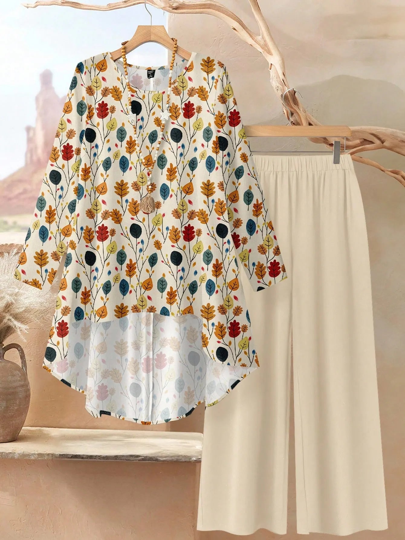 2pcs Women Vintage Floral Loose Fit Round Neck Long Sleeve Top And Pants Set, Suitable For Autumn/Winter Ladies Casual Sets Fall Clothes