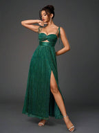 Elegant Women's Long Dress, Feminine Sleeveless Thin Strap Crop Top Design, Ruched Cross Back Style, Spring Summer Lightweight Fabric, Fashionable Chic Comfort Fit