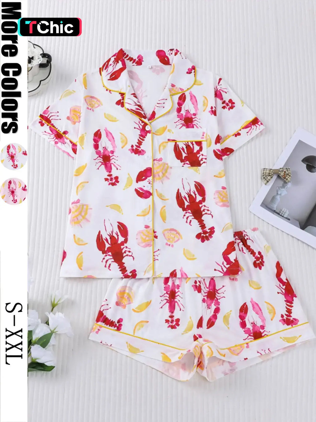 Women's Sleepwear Set, Short Sleeve Lapel Button Soft Top & Elastic Shorts