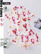 Women's Sleepwear Set, Short Sleeve Lapel Button Soft Top & Elastic Shorts