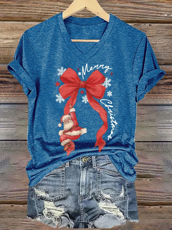 V-Neck Retro Merry Christmas Bow Santa Claus Snowflakes Print T-Shirt