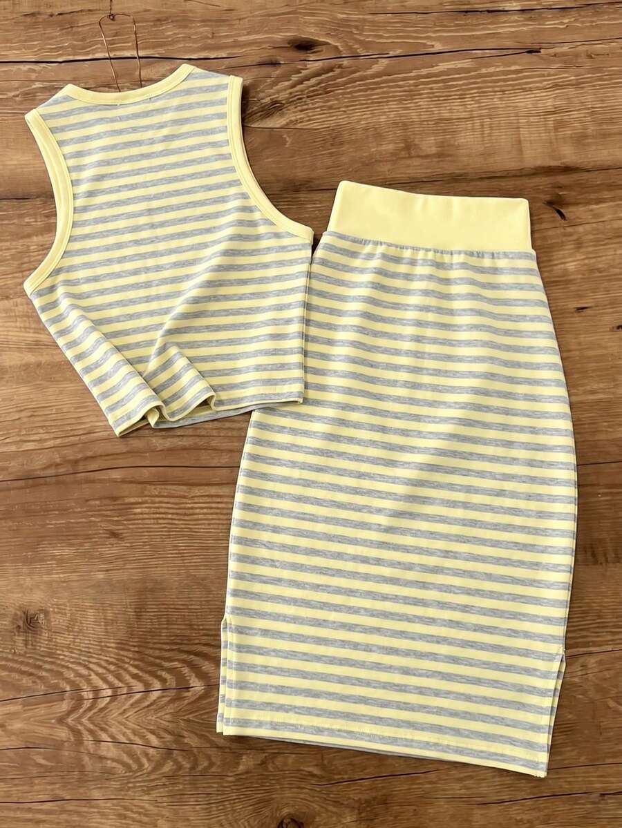UREREM Women's Striped Contrast Color Casual Elegant Party Ribbed Slit Beach Vest And Skirt 2-Piece Set Summer