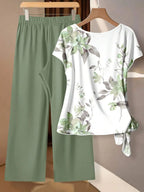 Women's Tie Bow Blouse And Loose Straight Leg Pants 2 Pieces Set,Casual Tropical,Summer Outfits For Women Vacation White Floral Light Yellow