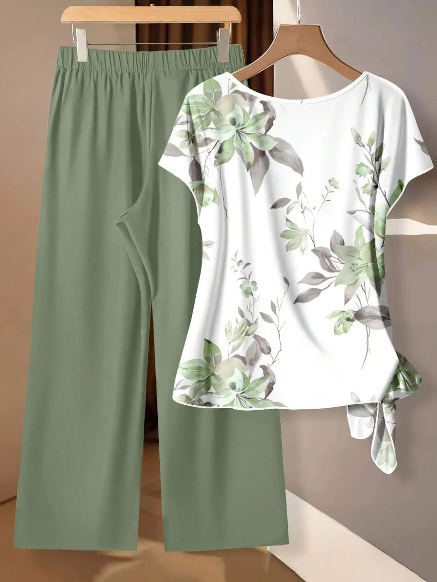 Women's Tie Bow Blouse And Loose Straight Leg Pants 2 Pieces Set,Casual Tropical,Summer Outfits For Women Vacation White Floral Light Yellow
