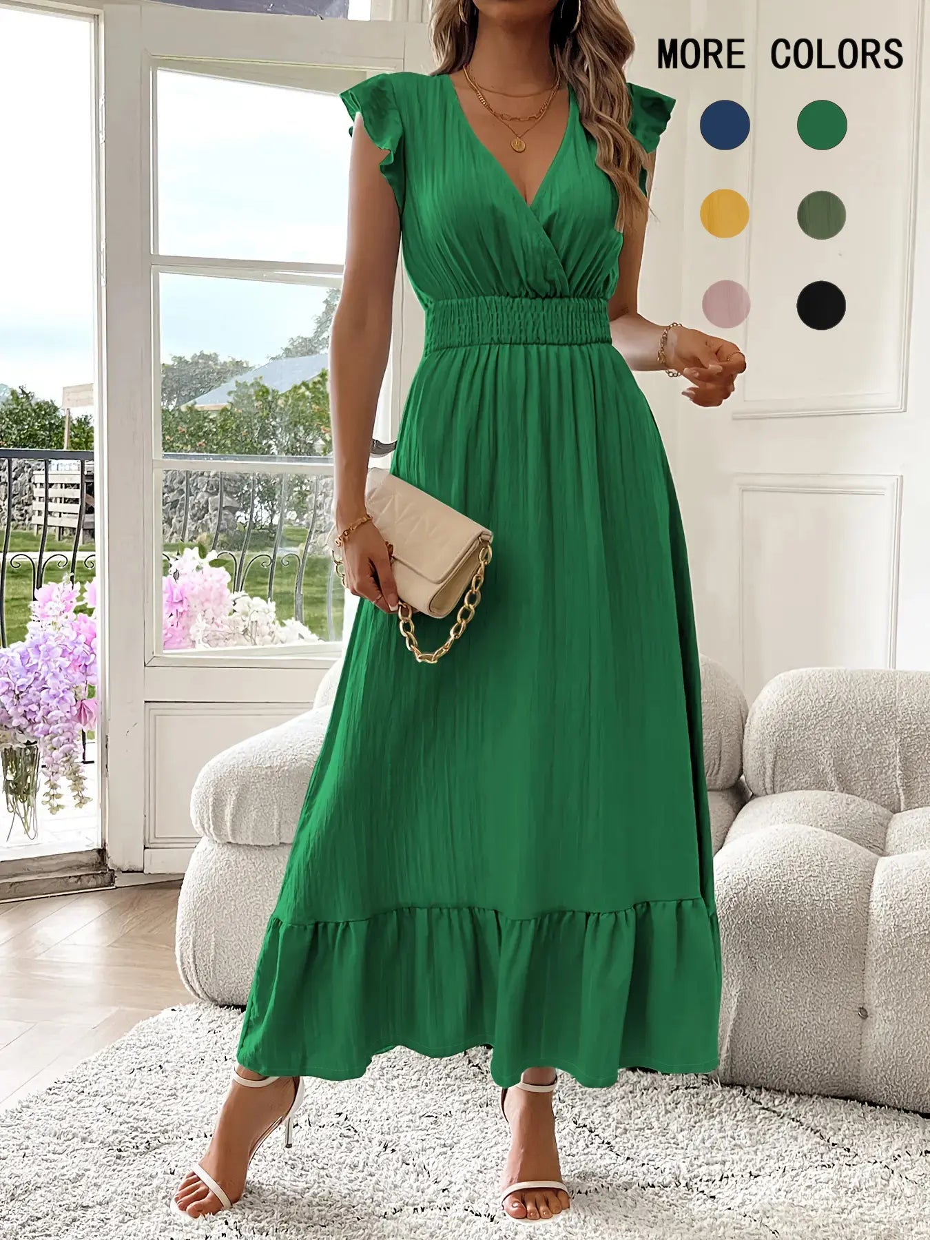 Women's Shirred V Neck Dress - Elegant Casual Summer Wear