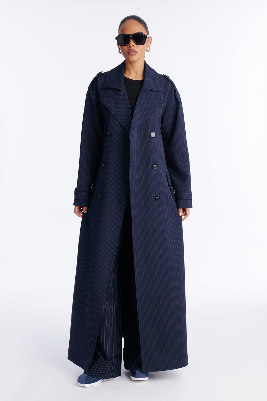 Elorea Belted Pinstripe Trench Coat - Navy/combo