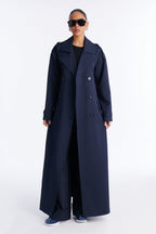 Elorea Belted Pinstripe Trench Coat - Navy/combo