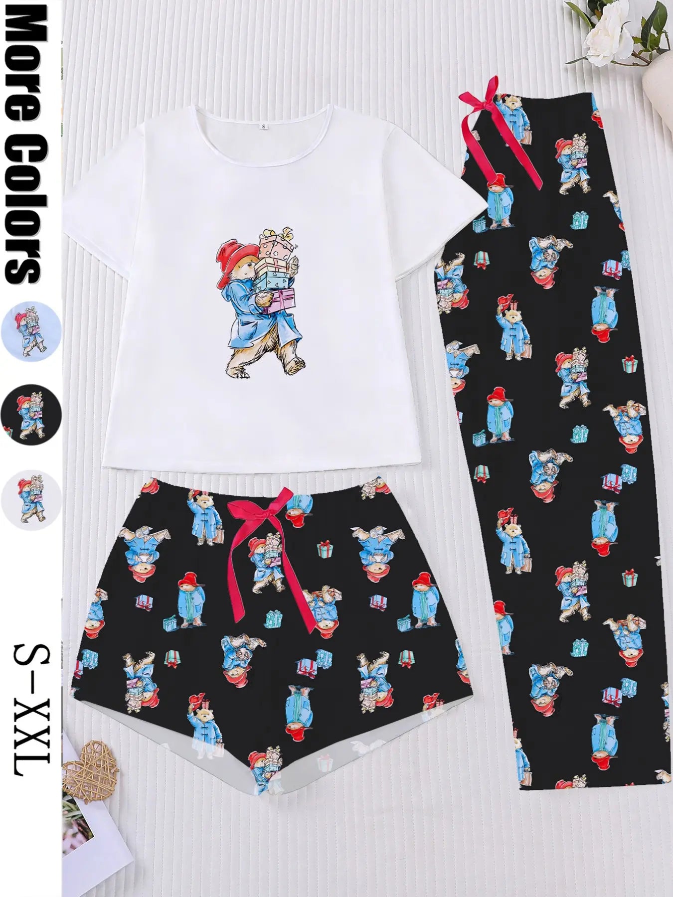3-Piece Casual Women Pjs Pajama Set with Padding Bear Print