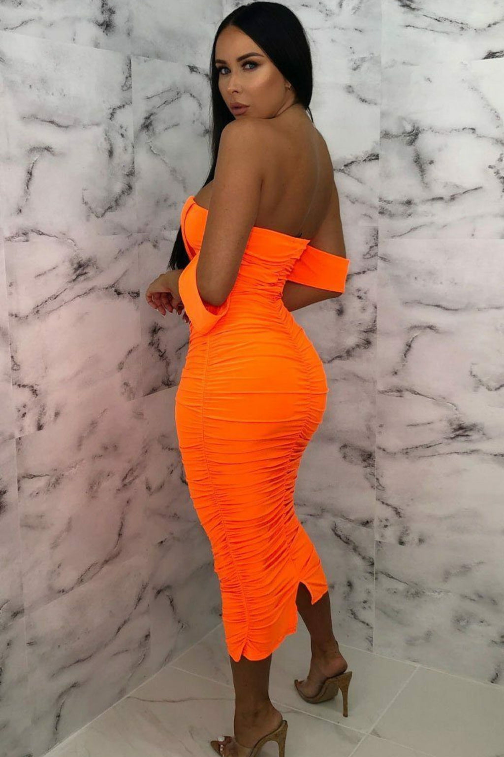 Bardot Cowl Neck Ruched Midi Dress