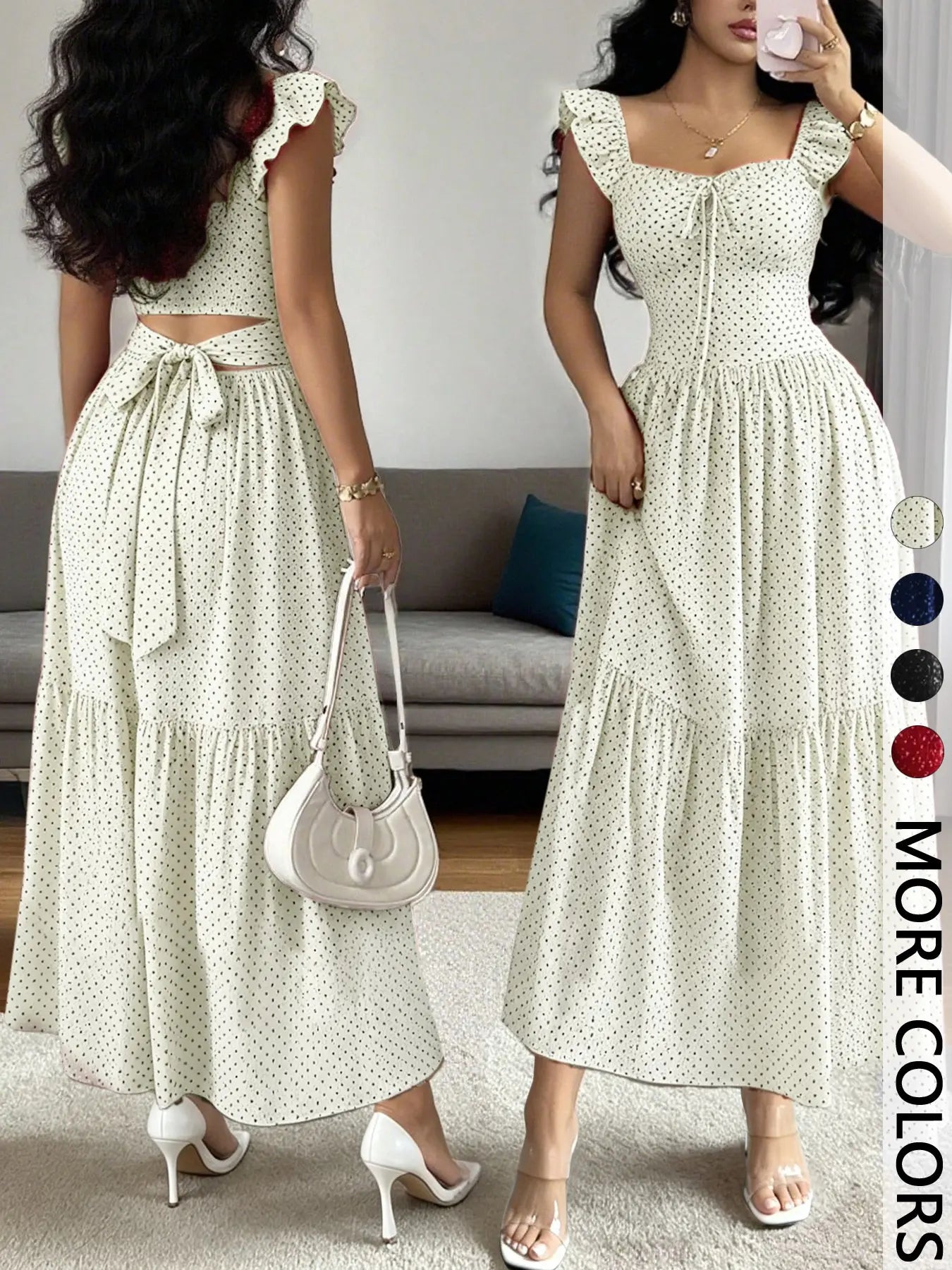 Spring & Summer Ruffled Polka Dot Maxi Dress with Back Tie