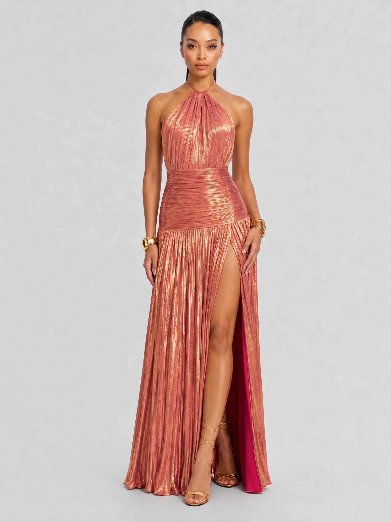 LikeMyChoice 2026 Metallic Olive Gold Maxi Dress for Formal Events