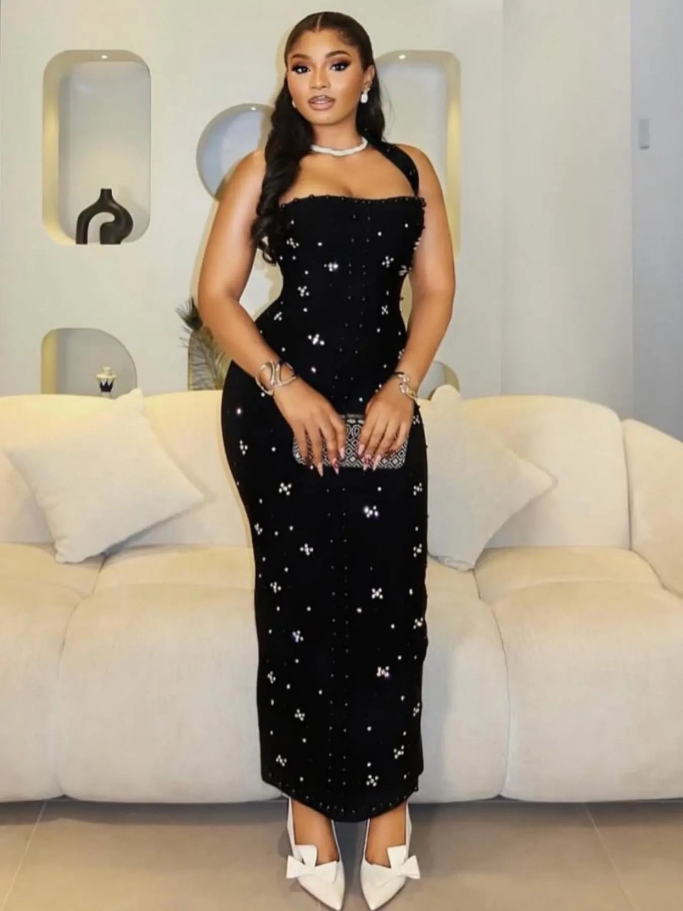 Elegant One-Shoulder Strapless Asymmetrical Women Dress, Rhinestone High Split Bodycon Dress, Beaded Embellished Evening Gown, Chic Formal Wear Fit