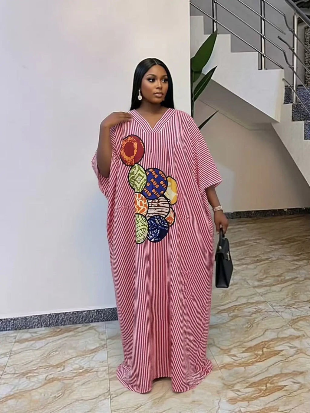 Plus Size Women's Fashion Chic Striped Print V-Neck Dress, Casual Daily Wear, Ethnic Boubou Kaftan for Party & Beach