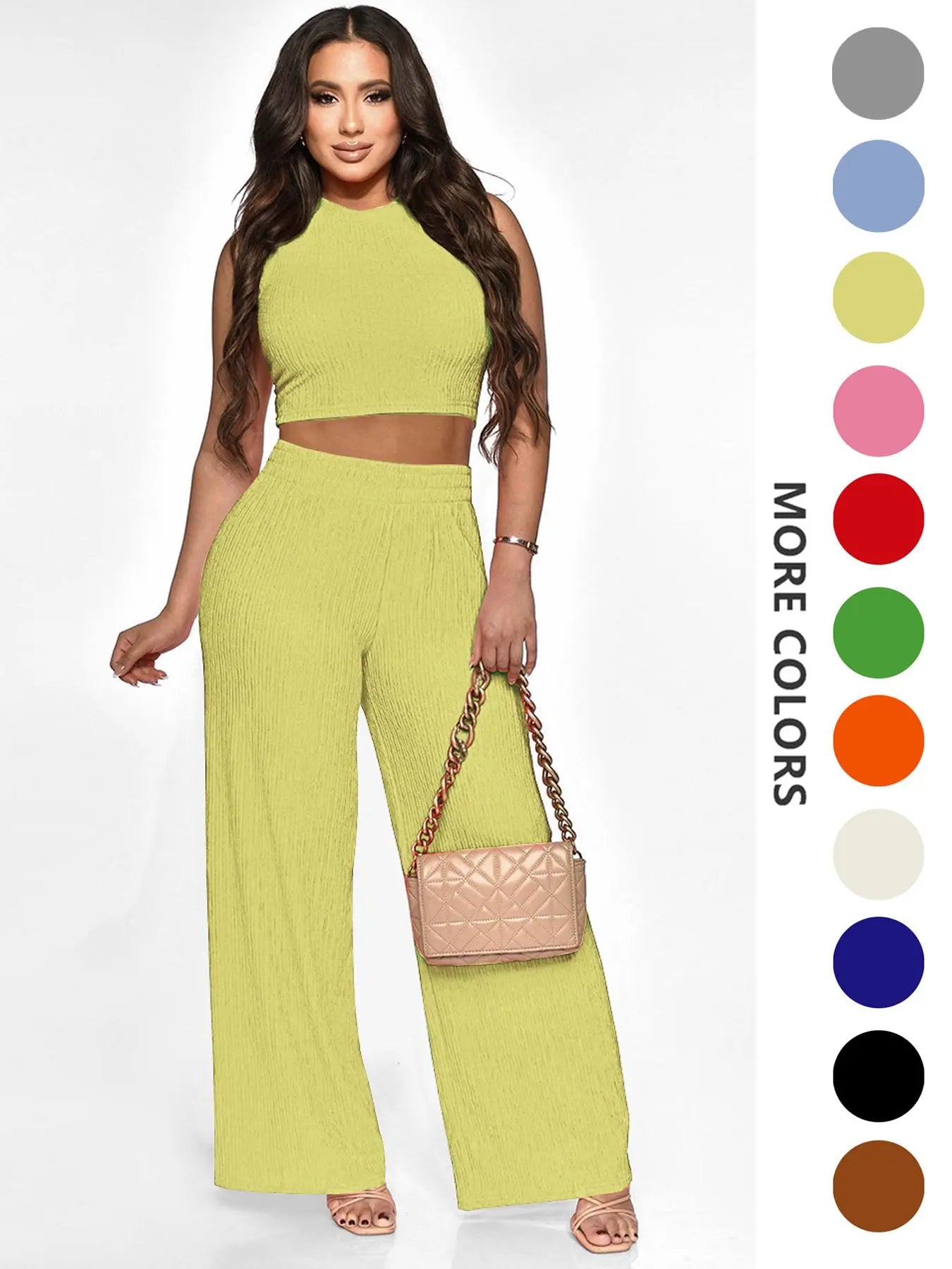 Two-Piece Set Women's Solid Textured Knit Fabric Co-ord Set Suits, Casual Round Neck Crop Tank Top & High Waist Wide Leg Pants Set, Ladies Summer Fit Clothes for Daily Wear, Womenswear