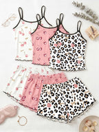 Cherry Print Halter Short Pajamas, Ruffle Trim Design, Sweet Girl Style, Breathable Home Sleepwear, 3-Piece Set