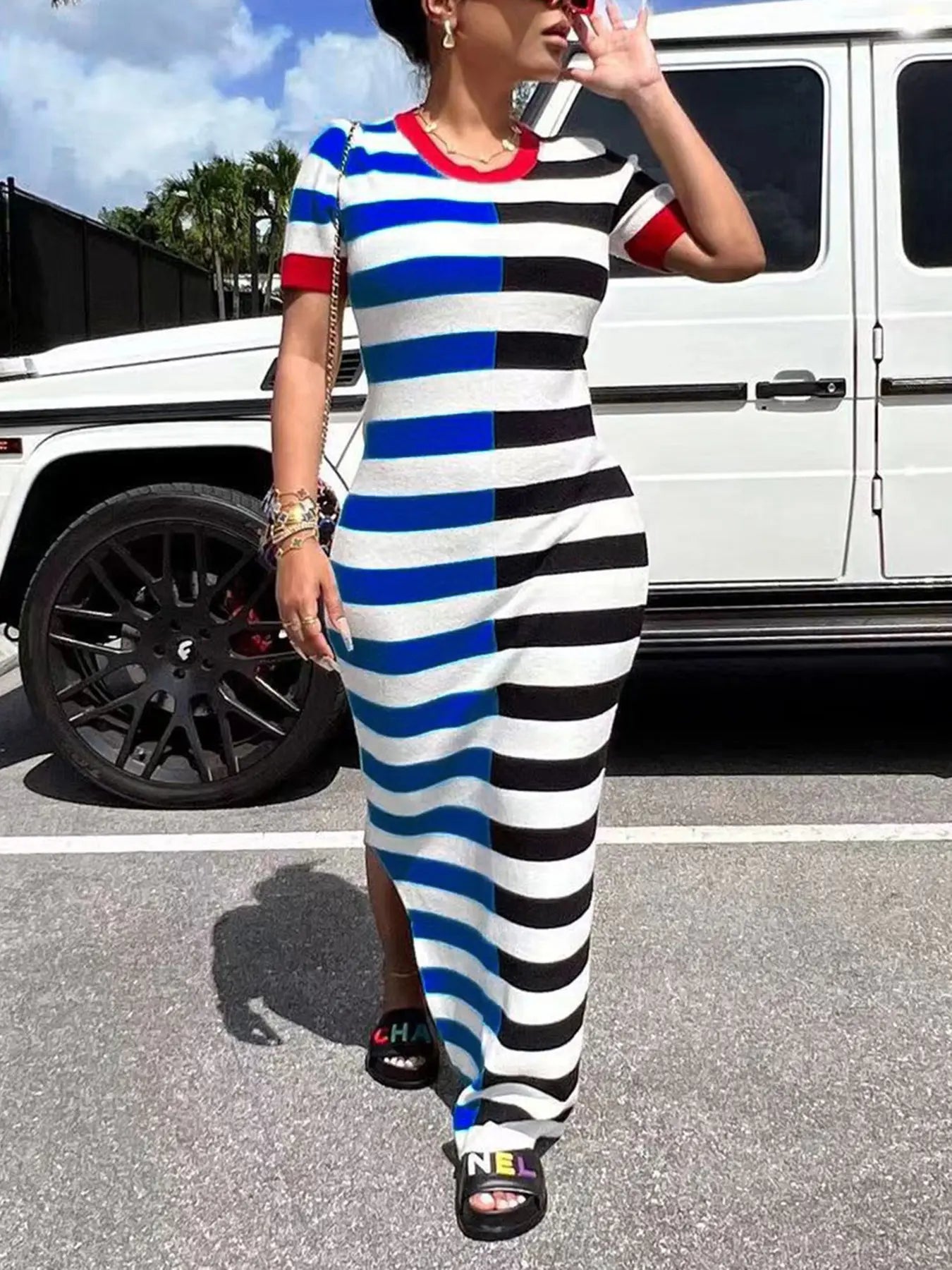 European Women's Summer New Fashion Chic Casual Striped Long Dress, Sleeveless Fitted Floral Pattern, Trendy Ladies' Clothing