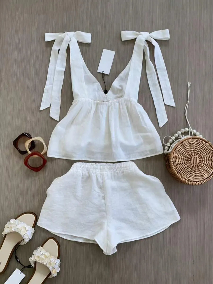 Spring/Summer Women's Fashion Set, Sleeveless Top With Elegant Tie Design, Strappy Shorts Vacation Set, Daily Casual Wear