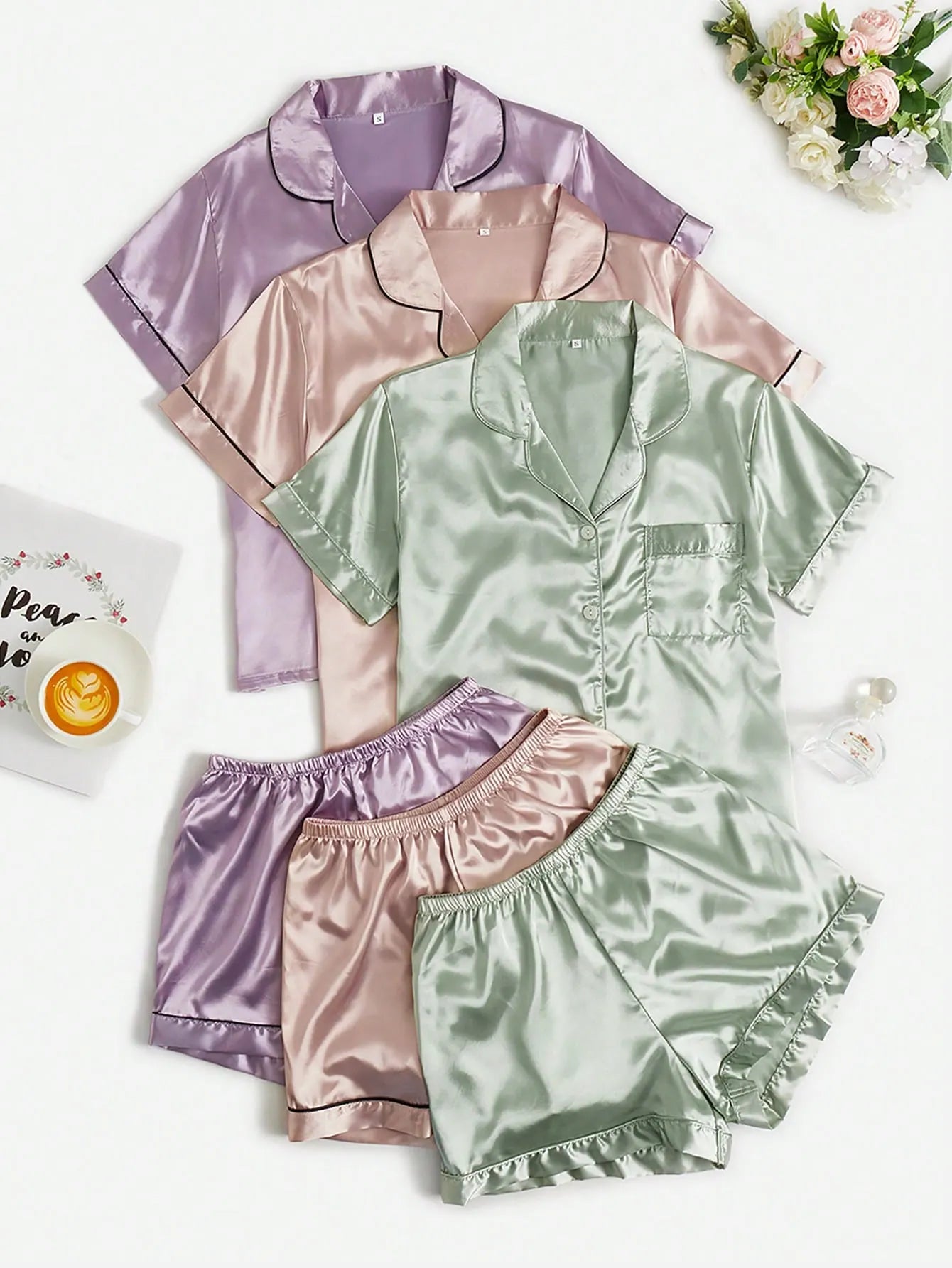 3sets Contrast Piping Satin Blouse & Shorts PJ Set / Pajama Set