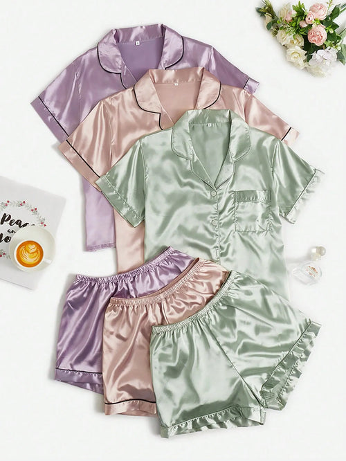 3sets Contrast Piping Satin Blouse & Shorts PJ Set / Pajama Set