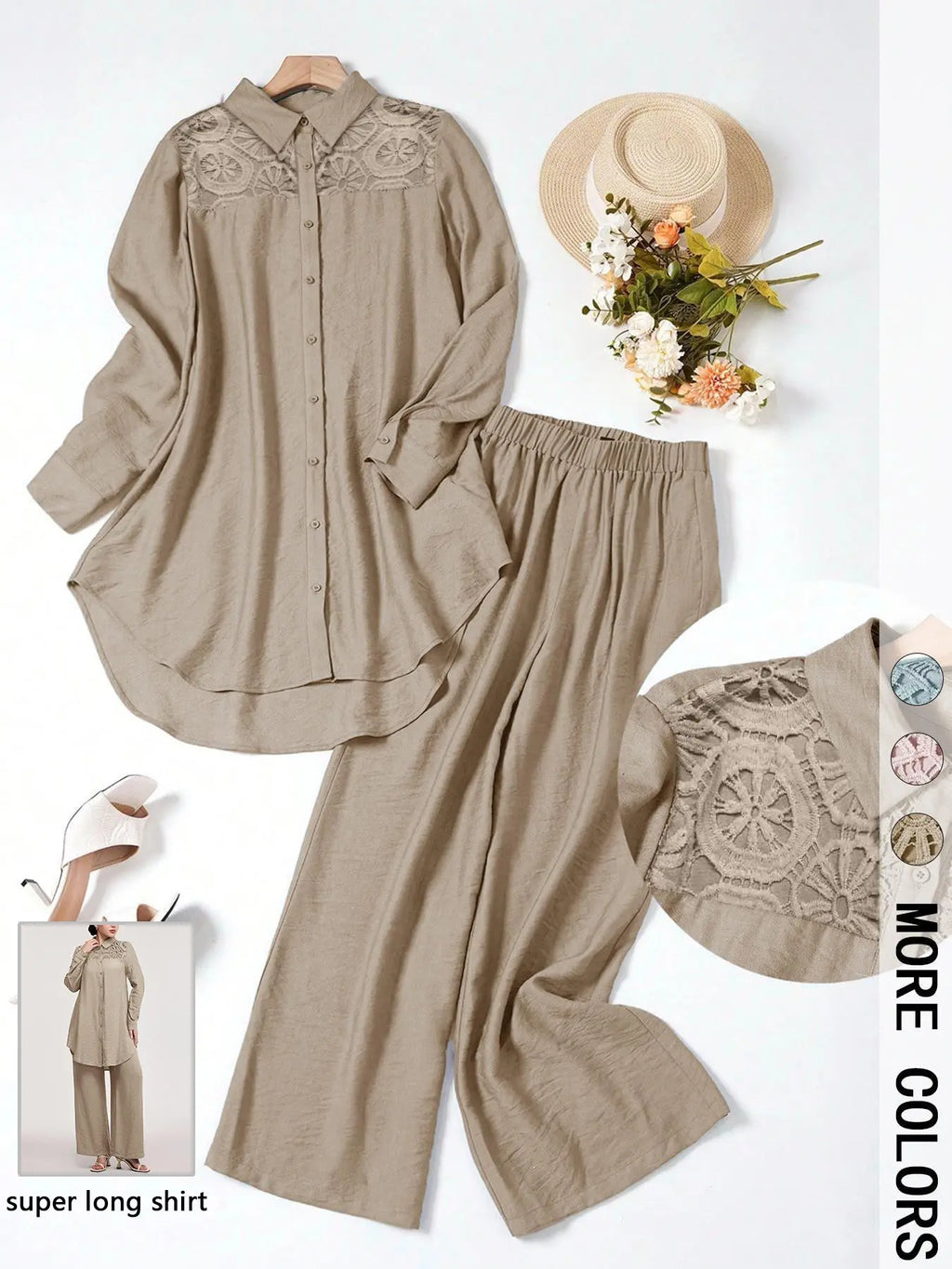 Women's Casual Two-Piece Set, Hollow-Out Top and Loose-Fit Pants