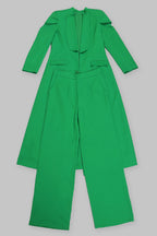 Turndown Collar Solid Color Long Blazer High Waist Pants 2pcs Set-Green