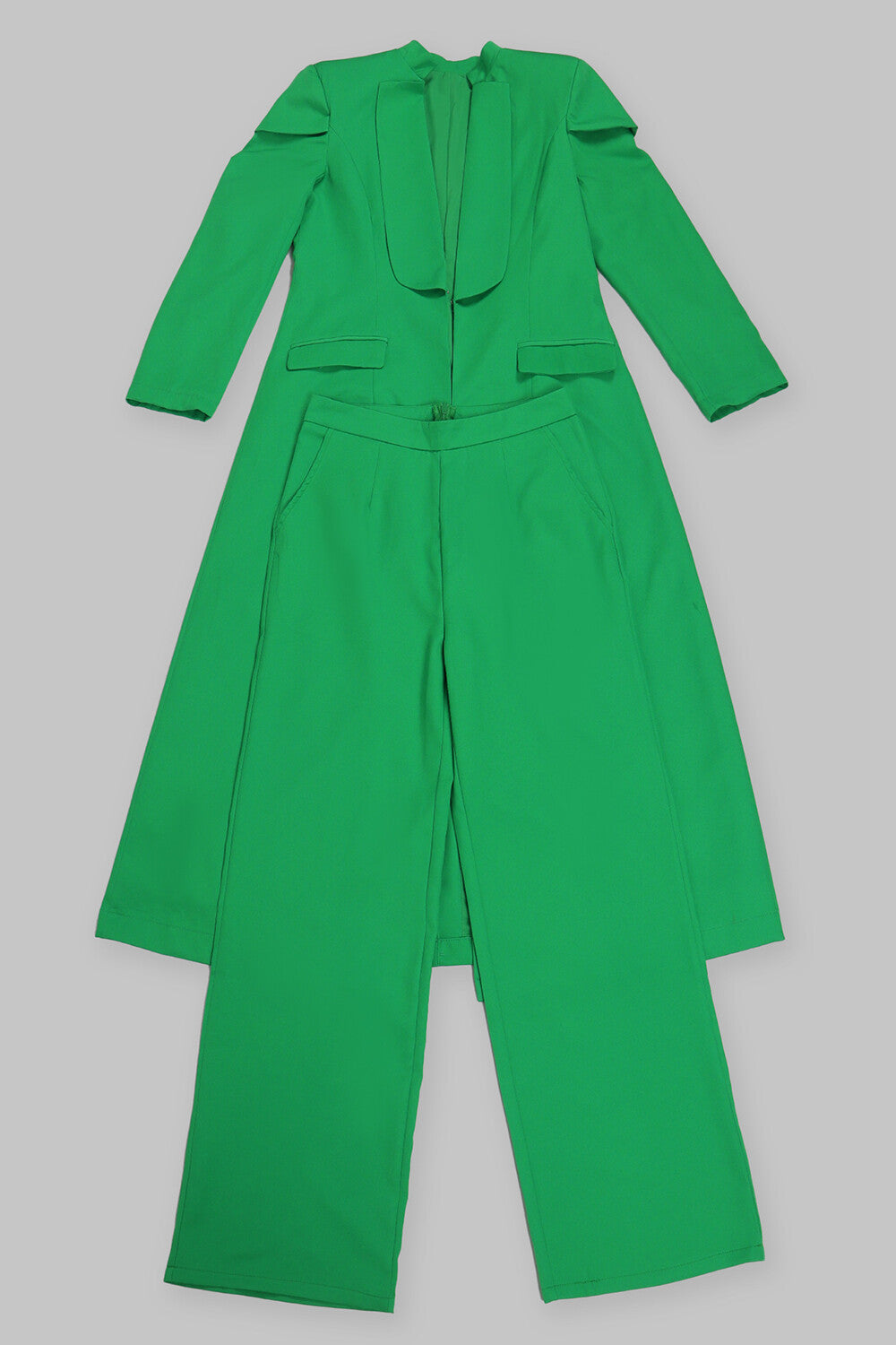 Turndown Collar Solid Color Long Blazer High Waist Pants 2pcs Set-Green