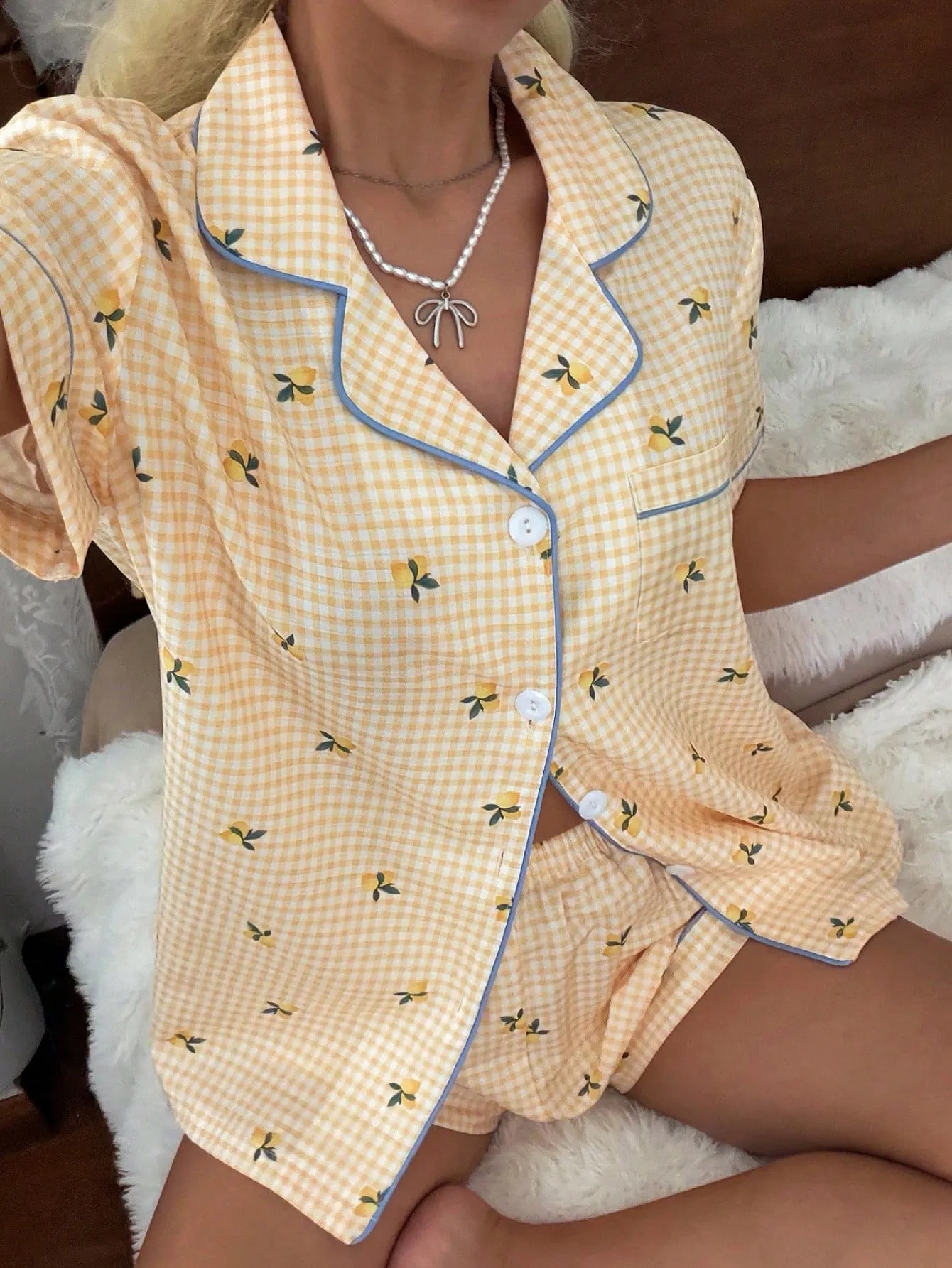 CottageSlumber Women's New Lemon Plaid Print Button-Front Short Sleeve Shorts Pajama Set