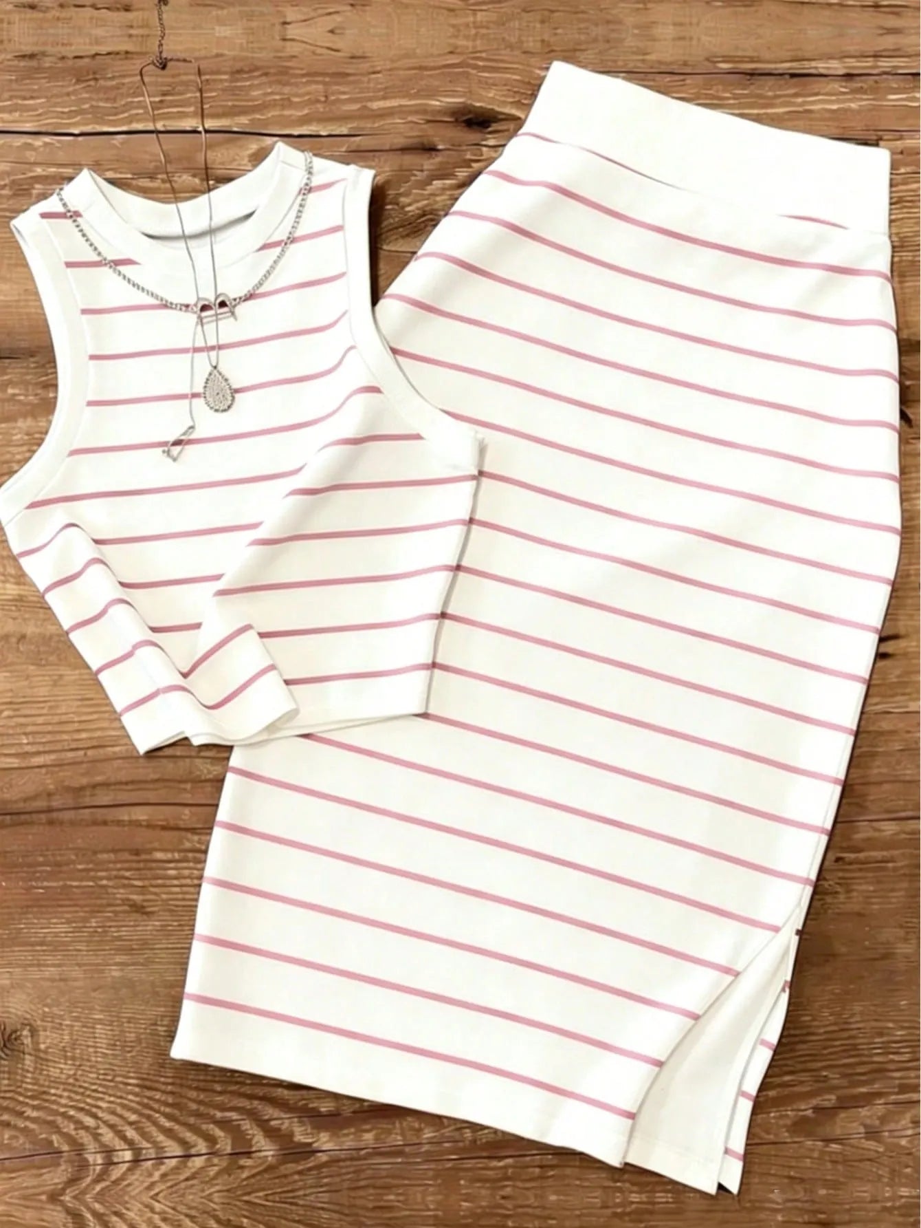 UREREM Women's Striped Contrast Color Casual Elegant Party Ribbed Slit Beach Vest And Skirt 2-Piece Set Summer