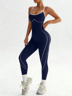 Women's Seamless High Stretch Knit Halter Sporty Jumpsuit Tight Fit Nine-Quarter Pants, Back Cross Shoulder Straps, Outdoor Cycling Gym Yoga Daily Wear