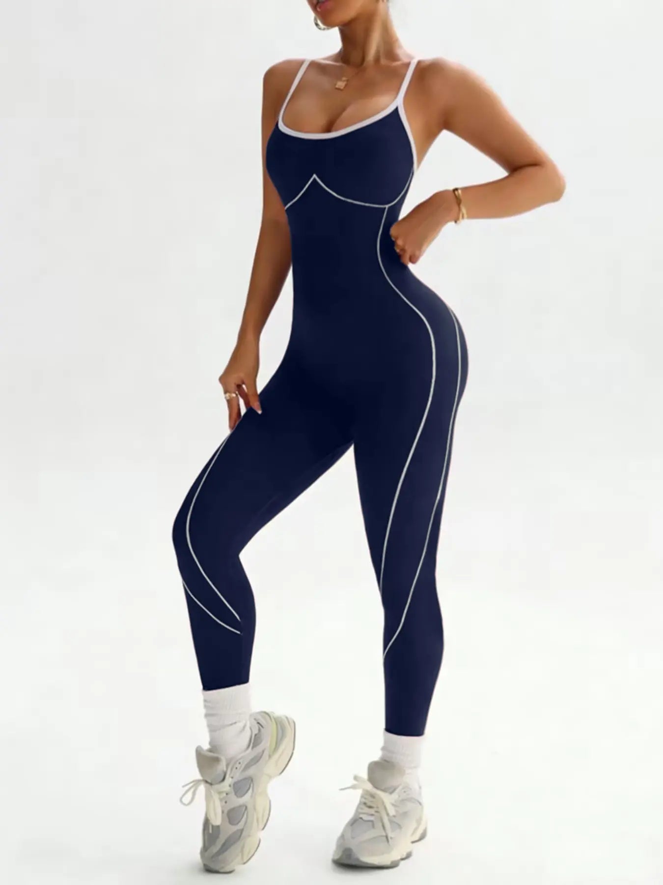 Women's Seamless High Stretch Knit Halter Sporty Jumpsuit Tight Fit Nine-Quarter Pants, Back Cross Shoulder Straps, Outdoor Cycling Gym Yoga Daily Wear