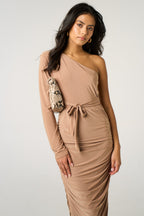 One Shoulder Ruched Slinky Midi Dress