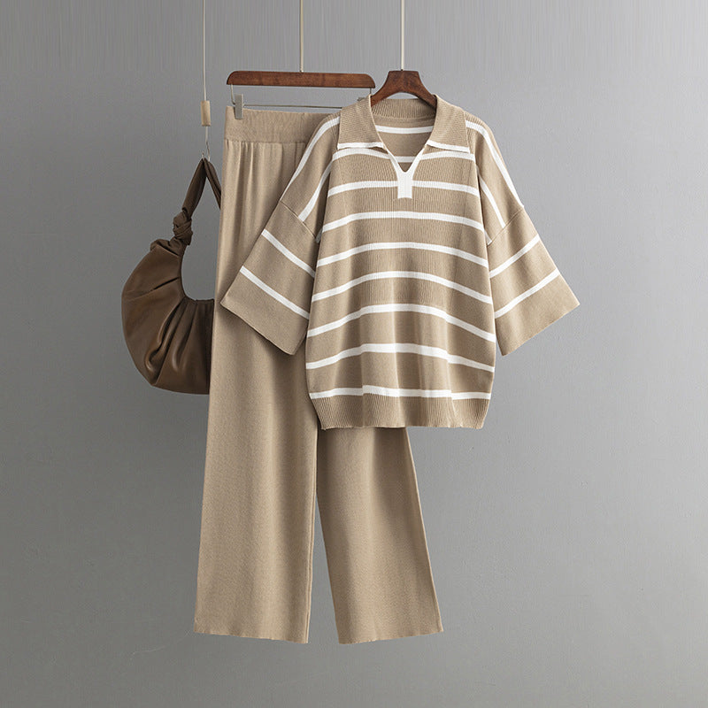 Stylish Striped Top & Solid Color Wide Leg Pants Two-Piece Set