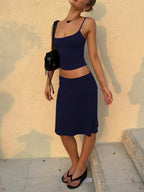 Women's Casual Fitted Solid Color Camisole And Skirt Basic Street Style Vacation Everyday 2-Piece Set Black Summer Elegant