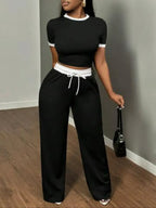 Women's New Casual Color-Blocked Round Neck Short Sleeve Two-Piece Set