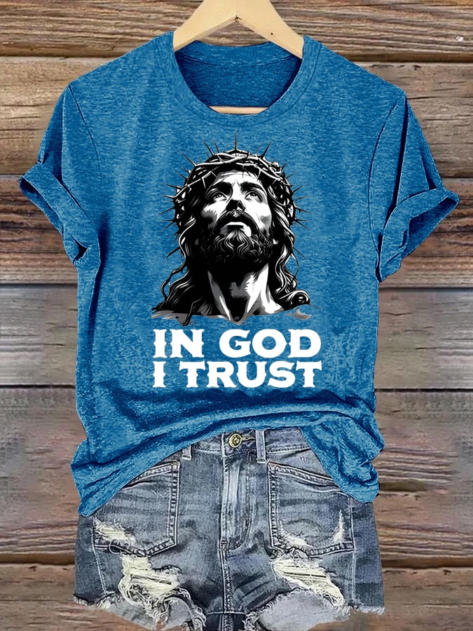 Women's  In God I Trust Christian T-Shirt, Retro Jesus Portrait Graphic Tee, Faith Based Religious Shirt