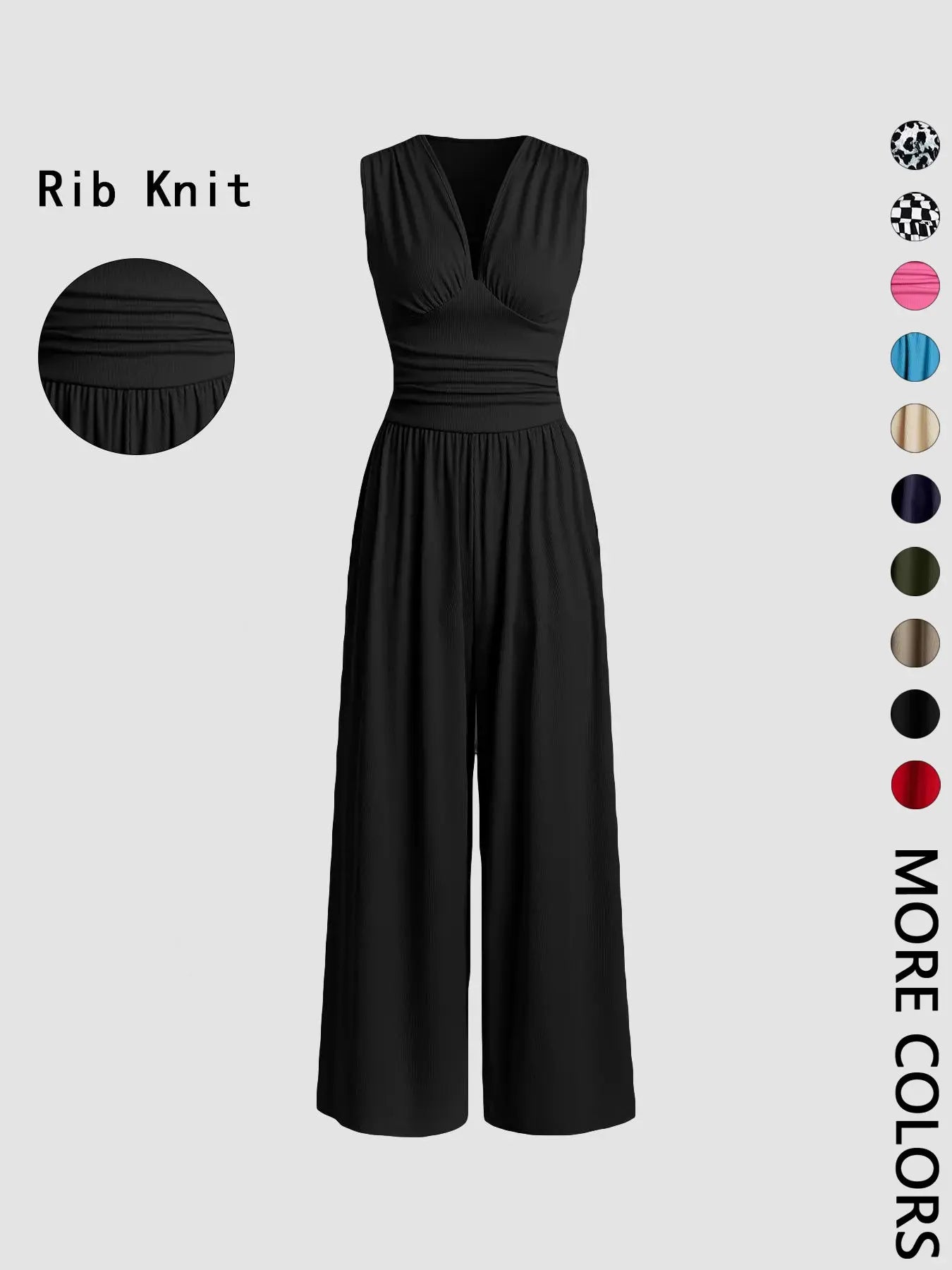 Women's Plain Ruched Deep V Neck Wide Leg Jumpsuit, Casual Sleeveless Ribbed Jumpsuit for Daily Wear, Ladies Clothes for All Seasons, Womenswear Basic Minimalist