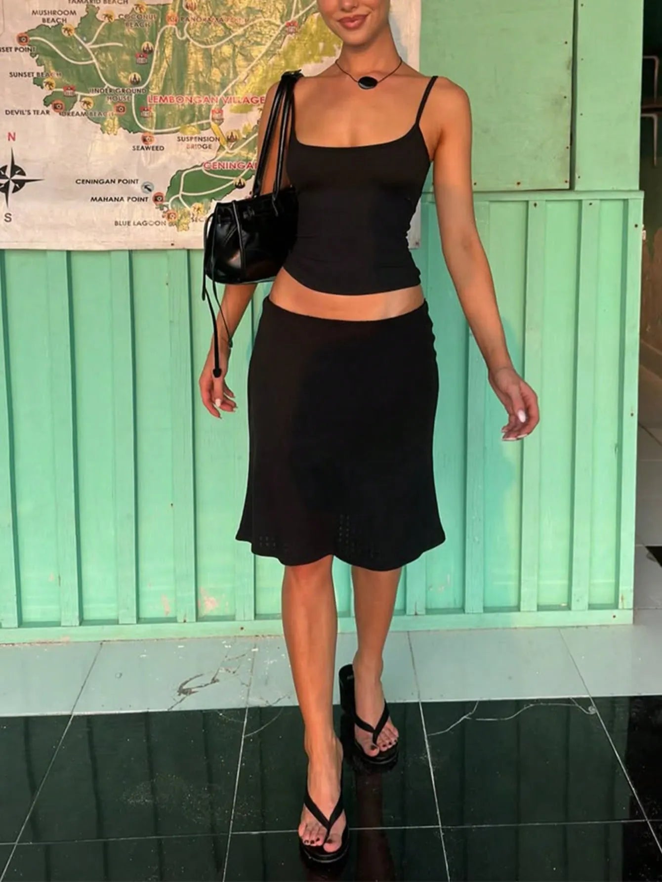 Women's Casual Fitted Solid Color Camisole And Skirt Basic Street Style Vacation Everyday 2-Piece Set Black Summer Elegant