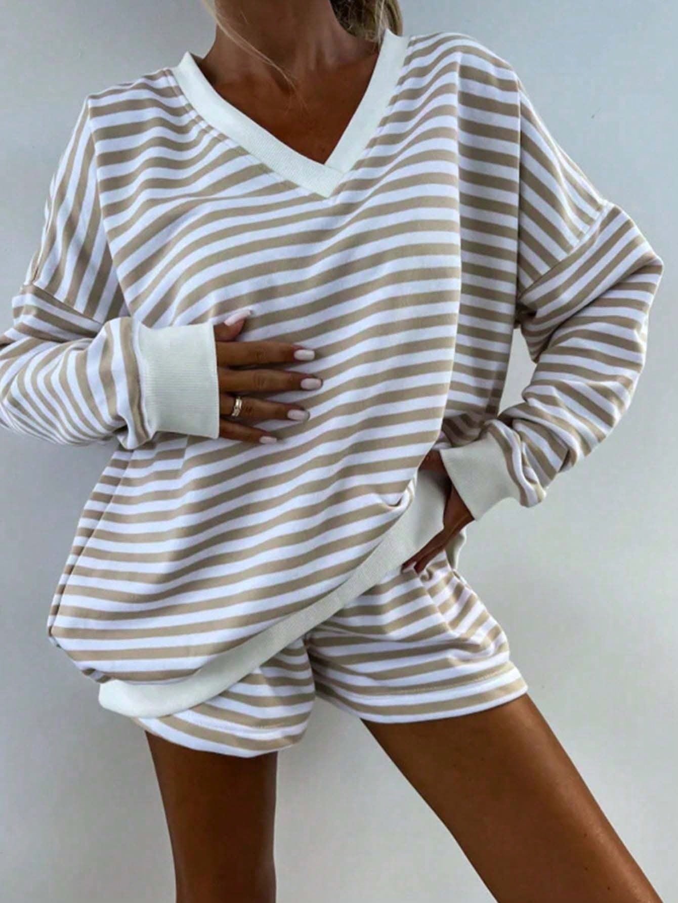 2pcs Women's Classic Striped Pajama Set, Long-Sleeved Pajama Shorts Set, V-Neck Design, Multiple Colors, Stylish, Casual, And Comfortable Pajama Set