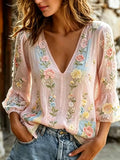 Women's Casual Retro Long-Sleeve Top with Breast Cancer Awareness Floral Print