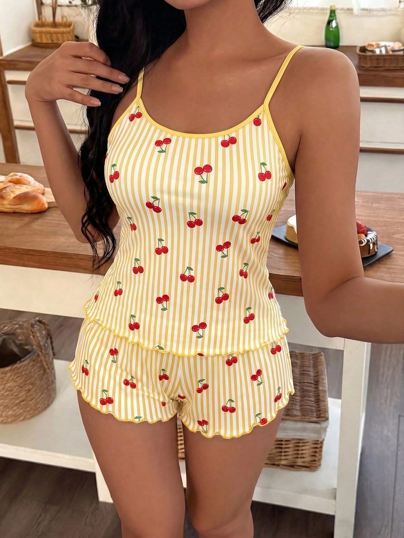 Softscene Women's Striped Cherry Print Camisole & Shorts Pajama Set