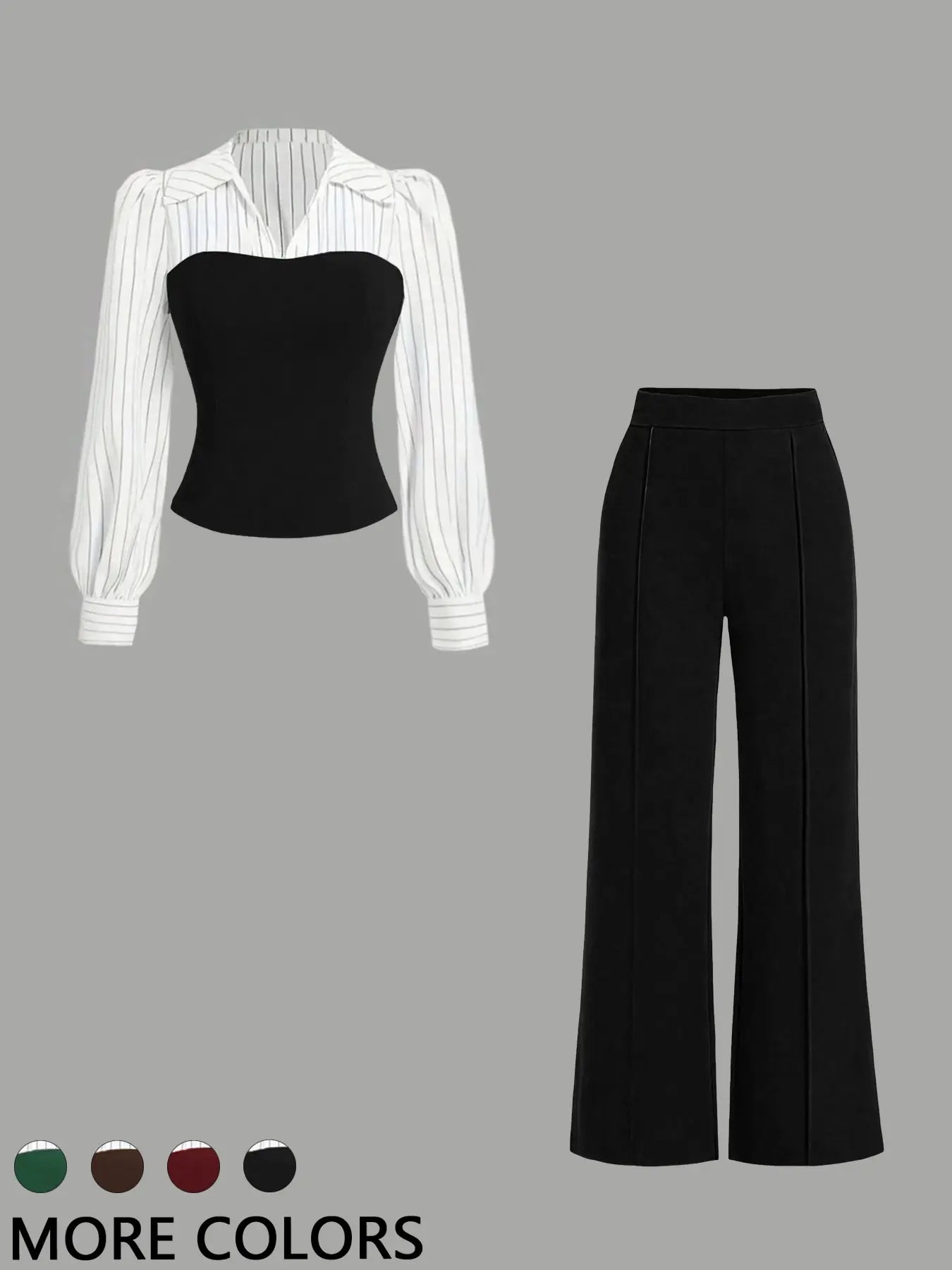 Women's Long Sleeve Colorblock Patchwork Shirt Set, Slimming Waist Design, Straight Leg Pants, Casual Fashion, Chic, Style, 2 Piece Set, Womenswear