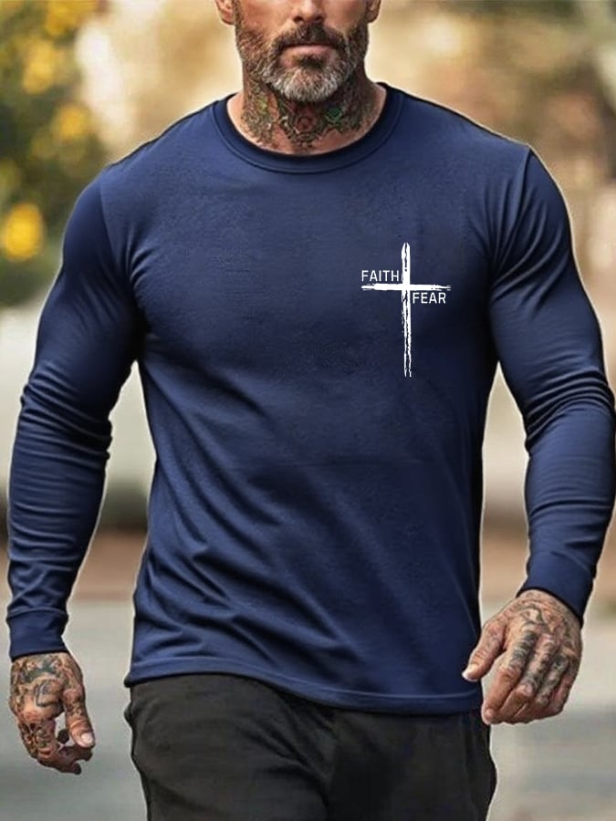 🔥Buy 3 Get 15% Off🔥Men's Retro Faith Cross "Faith Over Fear" Print Crew Neck T-Shirt