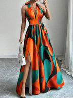 All Over Print Halter Long Dress with Deep V Neck and Split Hem
